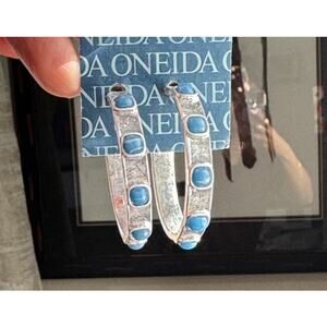 Silver Tone turquoise blue like hoop earrings western rodeo NFR ranch Jaripeo